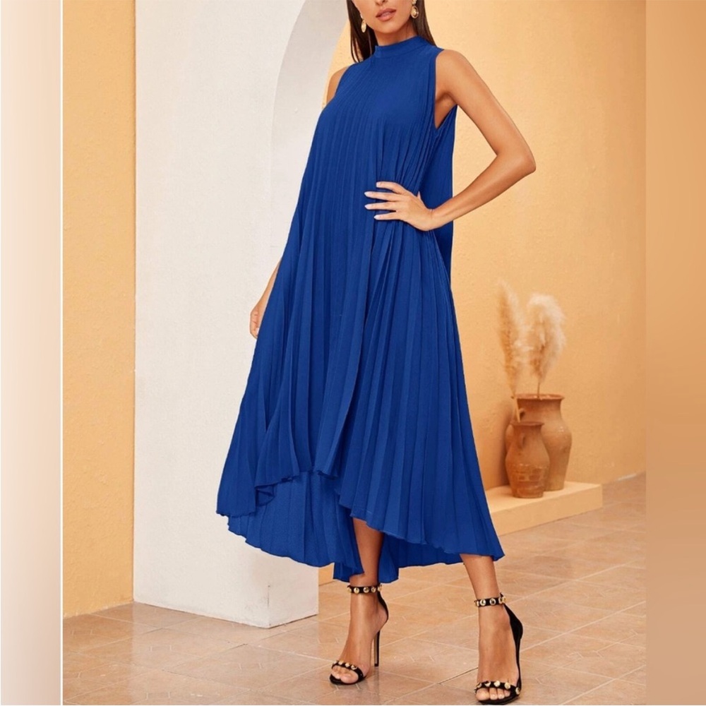 High Low Hem Pleated Swing Dress Blue
Size: US XL